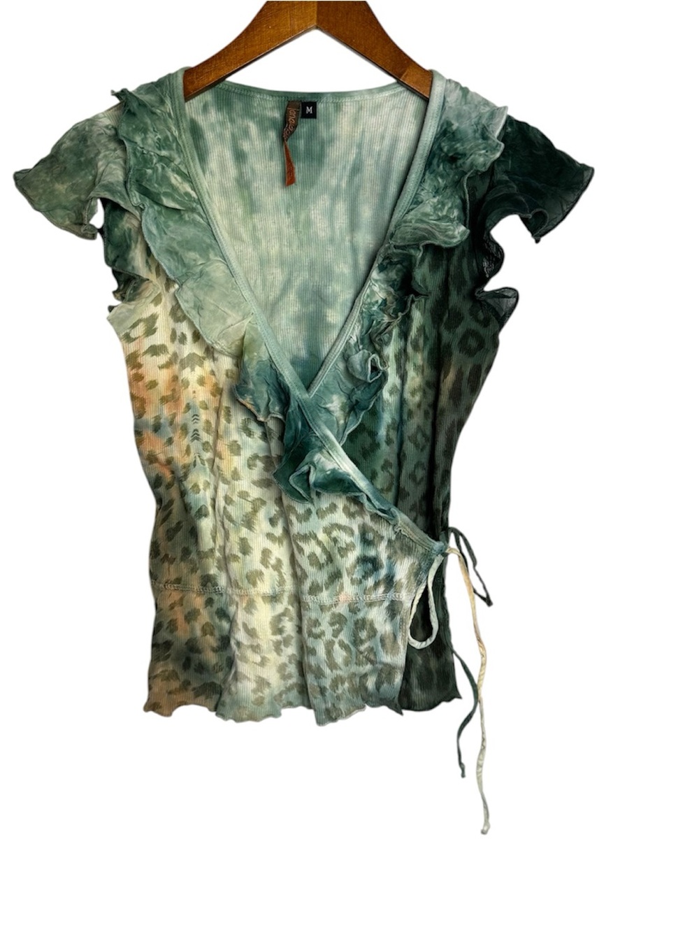 Language Los Angeles Green Tie-Dye Wrap Blouse with Ruffle Trim VTG 90s Size M